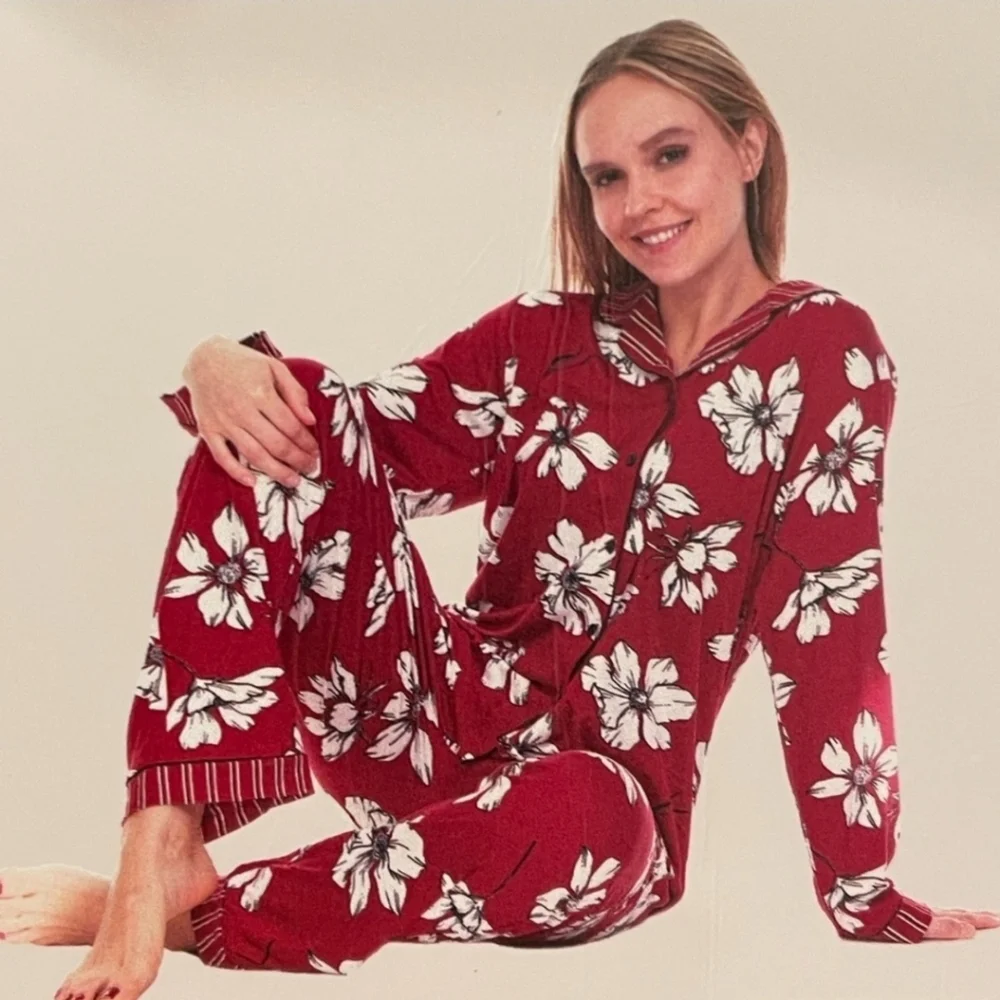 Nwt Flora Nikrooz Long Sleeve Notch Collar PJ Set 2 piece - Picture 2 of 11